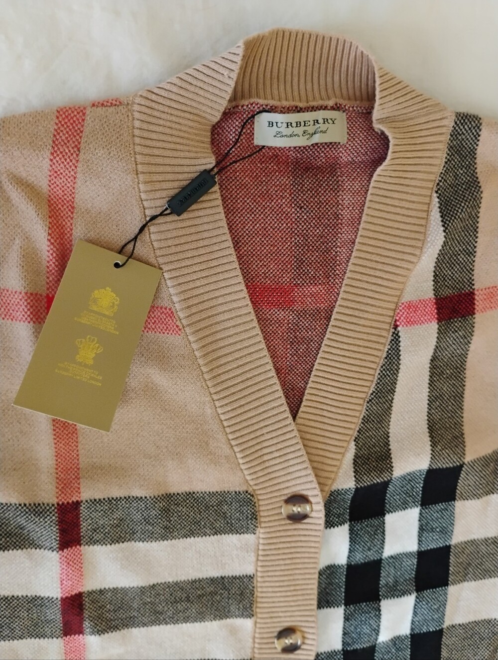 Beige Plaid V-Neck Button Cardigan with Red Accents - Picture 4 of 10